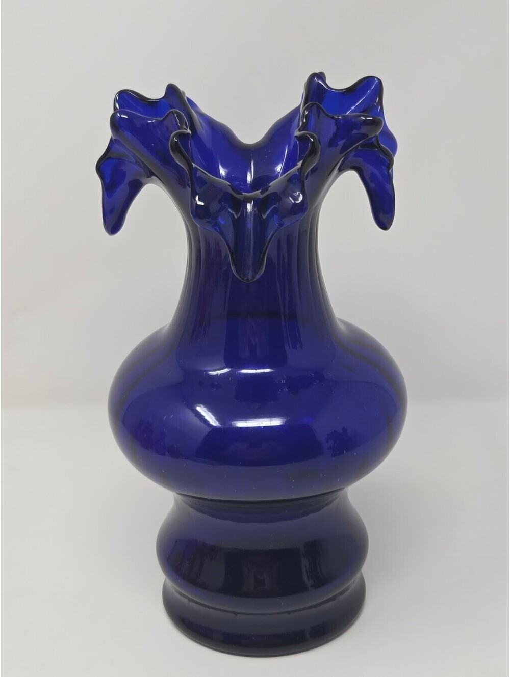 Fenton Cobalt Blue Art Glass Vase Ruffled Fluted Rim Pedestal Base Decor